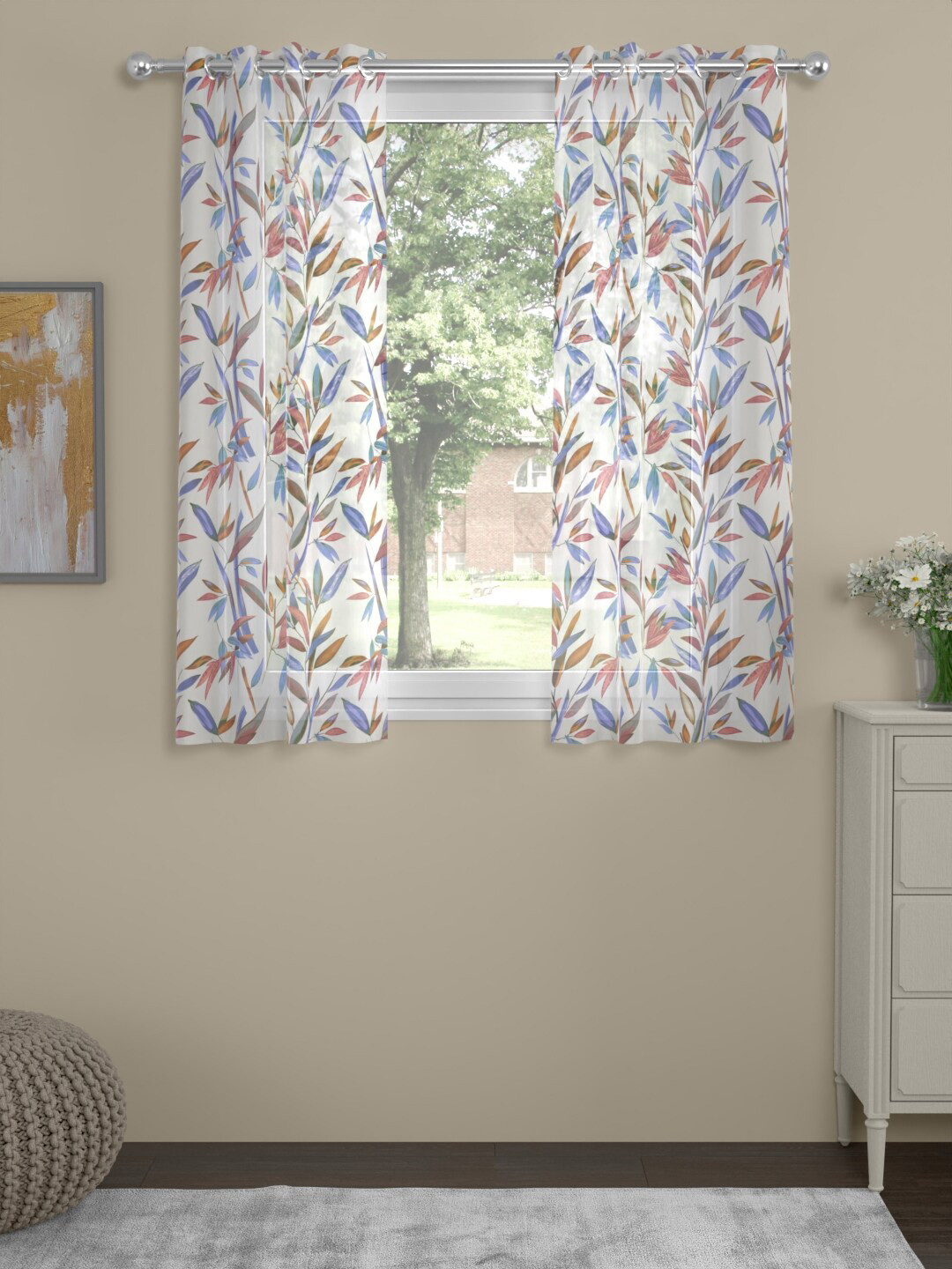 ROSARA HOME Claudia White 2 Pieces Floral Printed Sheer Window Curtains
