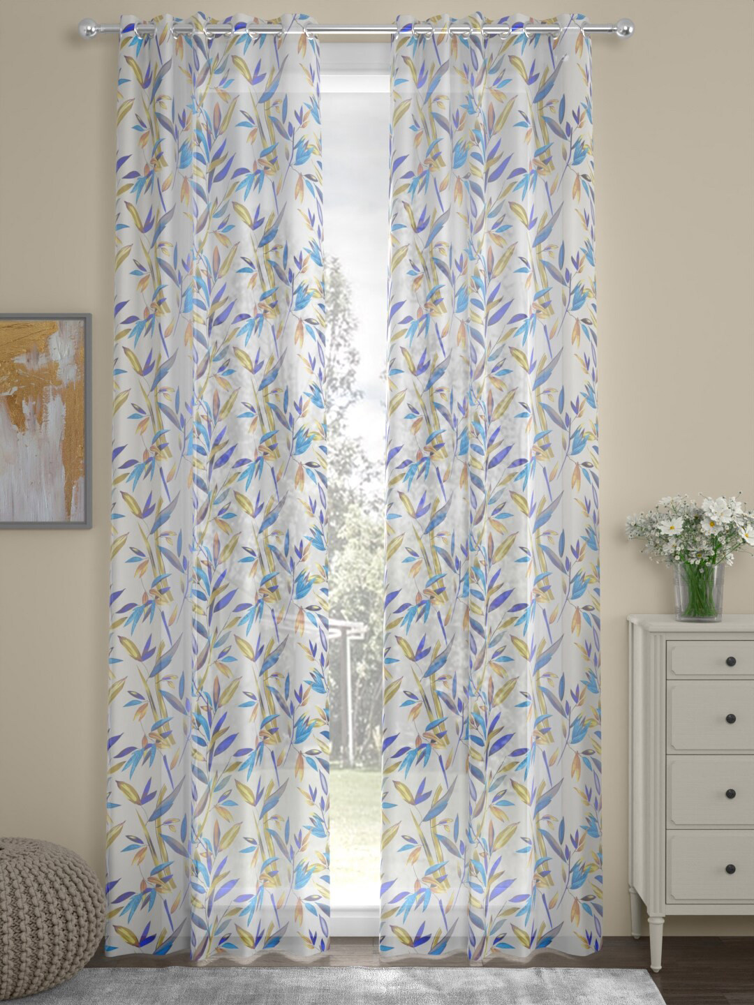 ROSARA HOME Claudia White & Blue 2 Pieces Floral Sheer Door Curtains