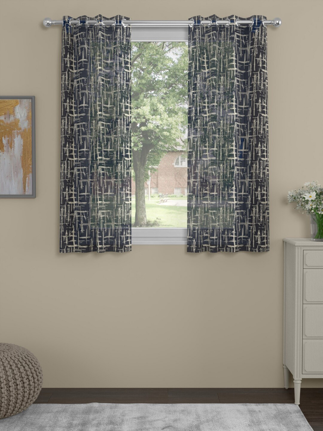 ROSARA HOME Navy Blue & White 2 Pieces Abstract Sheer Window Curtains