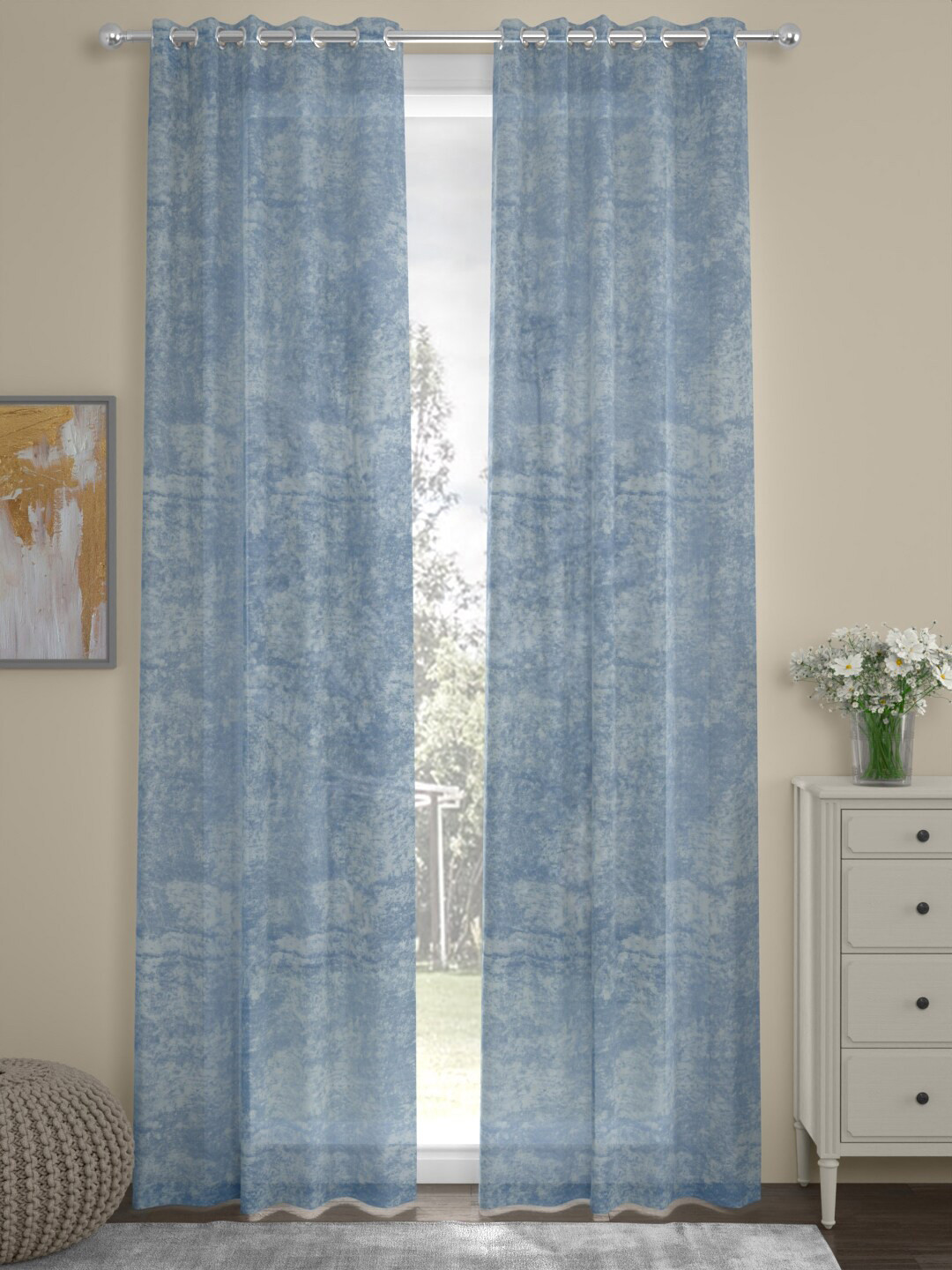 ROSARA HOME Carlos Blue & White 2 Pieces Abstract Printed Sheer Door Curtains
