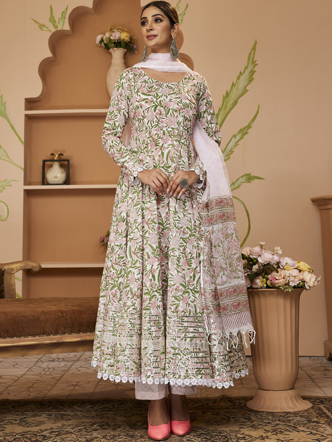 Divena Floral Printed Anarkali Pure Cotton Kurta with Trousers & With Dupatta