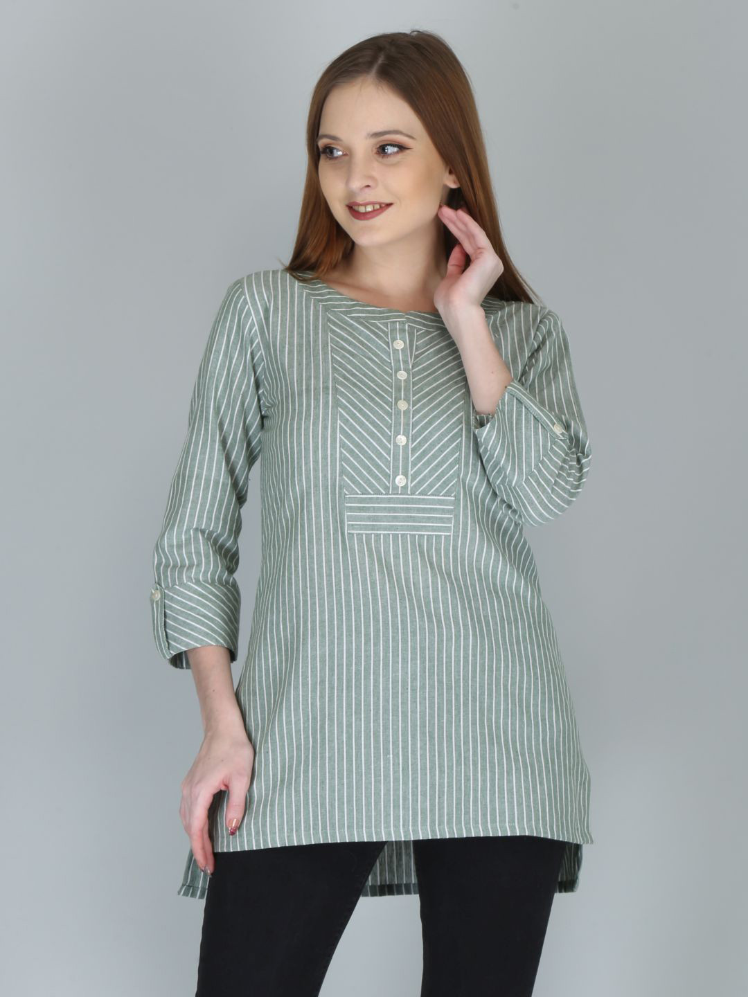 HERE&NOW Green & White Vertical Striped Short Kurti