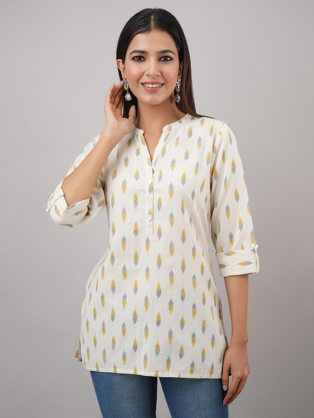 HERE&NOW White & Yellow Ethnic Motifs Printed Short Kurti