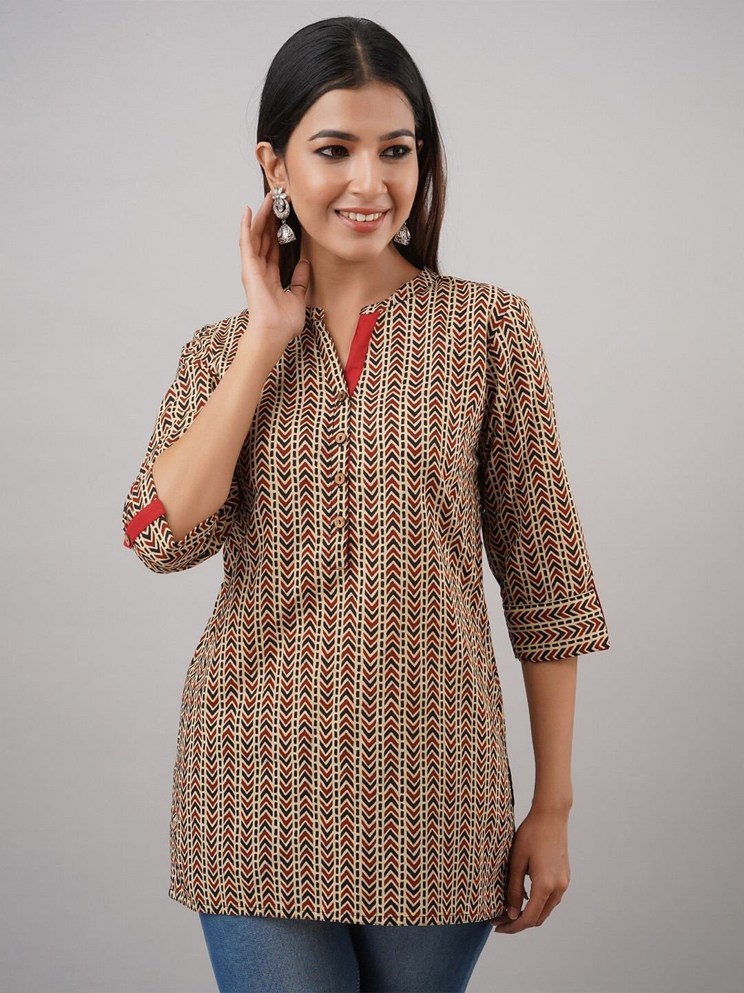 HERE&NOW Beige & Maroon Ethnic Motifs Printed Short Kurti