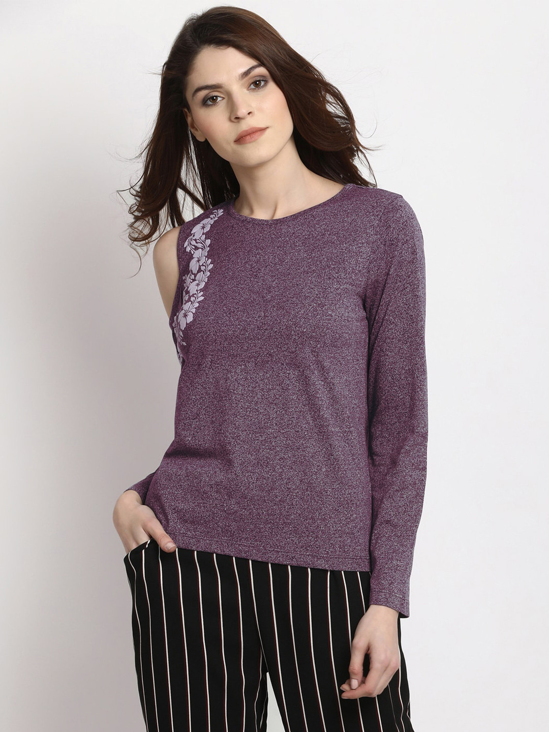 Marie Claire Purple & Grey Floral Printed Cold-Shoulder Sleeves Top