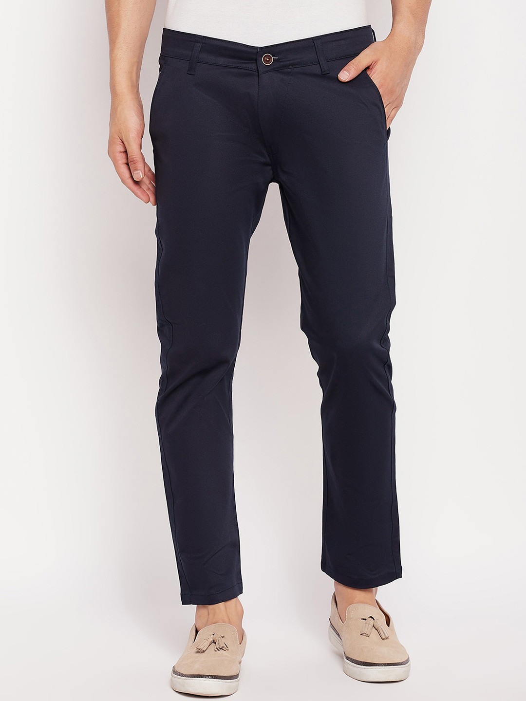 FirstKrush Men Mid Rise Plain Denim Chinos Trousers