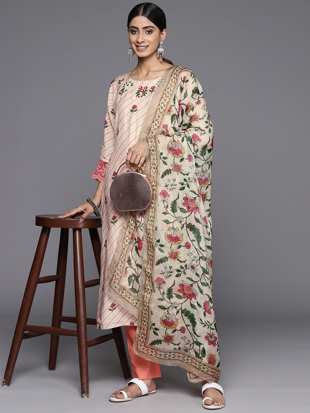 Varanga Women Striped Regular Beaded Pure Cotton Kurta with Trousers & With Dupatta