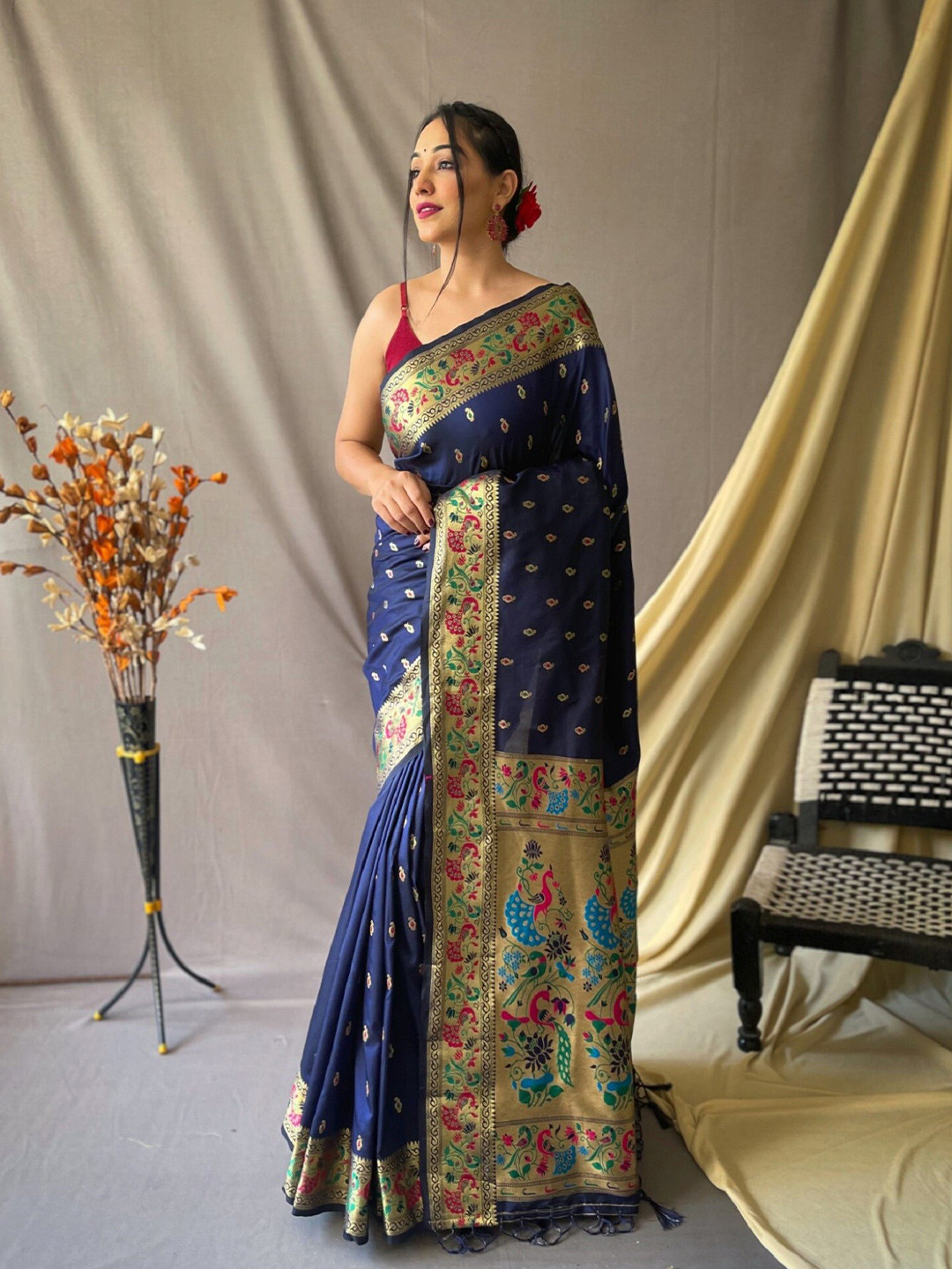 Mitera Navy Blue & Pink Ethnic Woven Design Zari Paithani Silk Saree