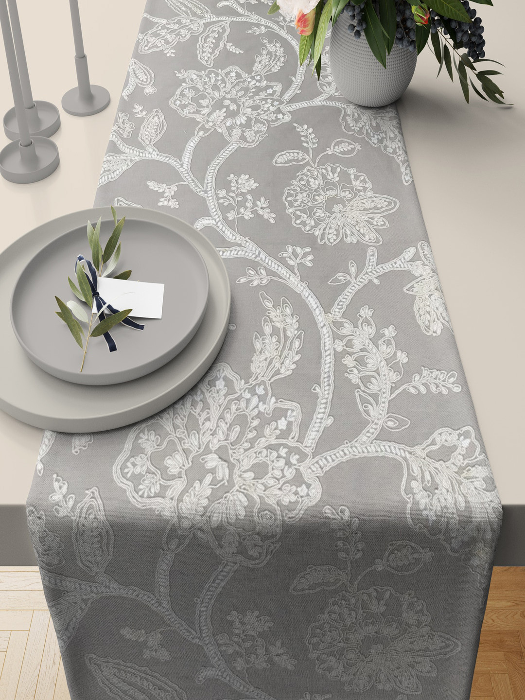 SHADES of LIFE Grey Embroidered Pure Cotton Table Runner