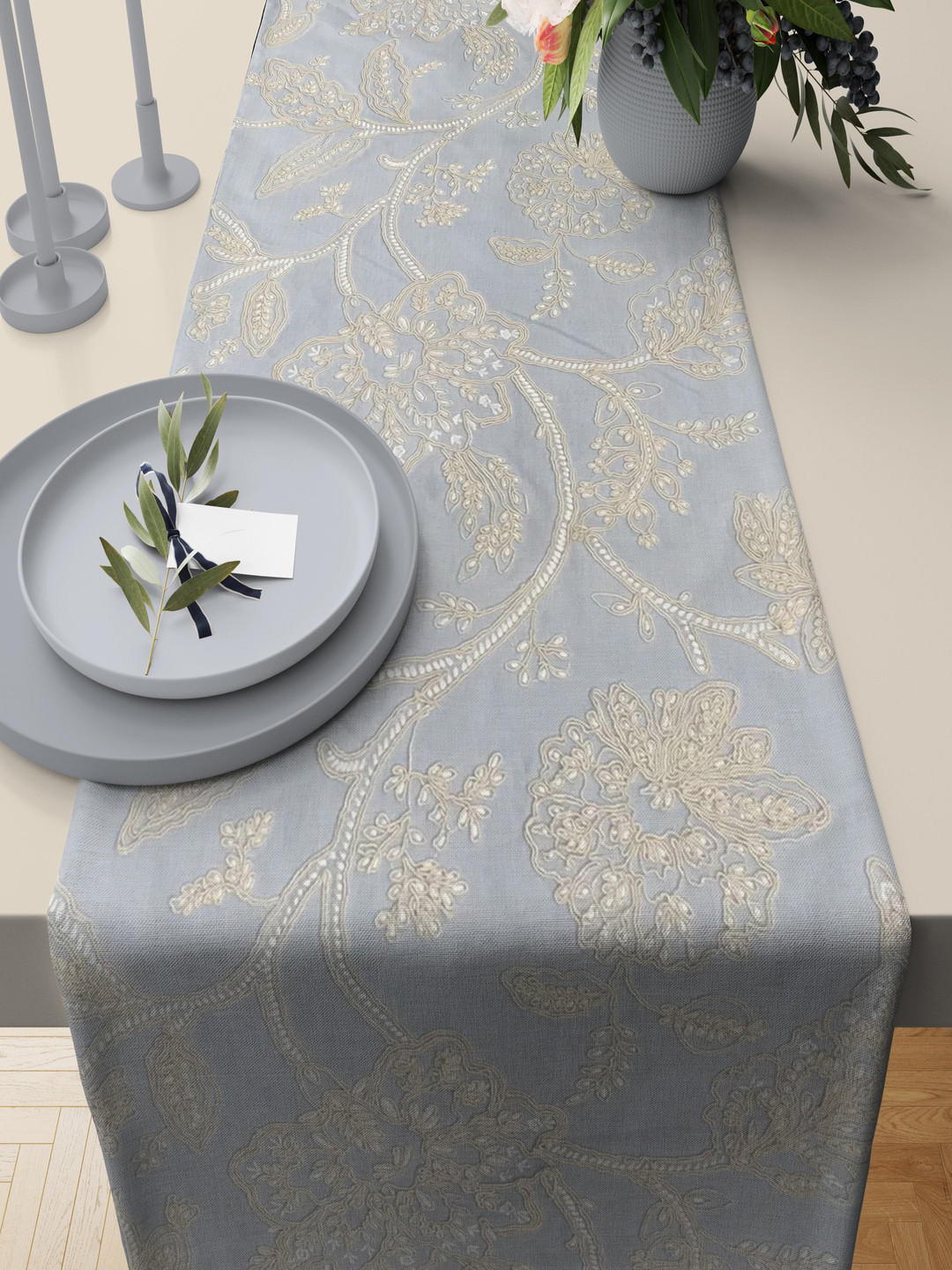 SHADES of LIFE Blue Embroidered Pure Cotton Table Runner