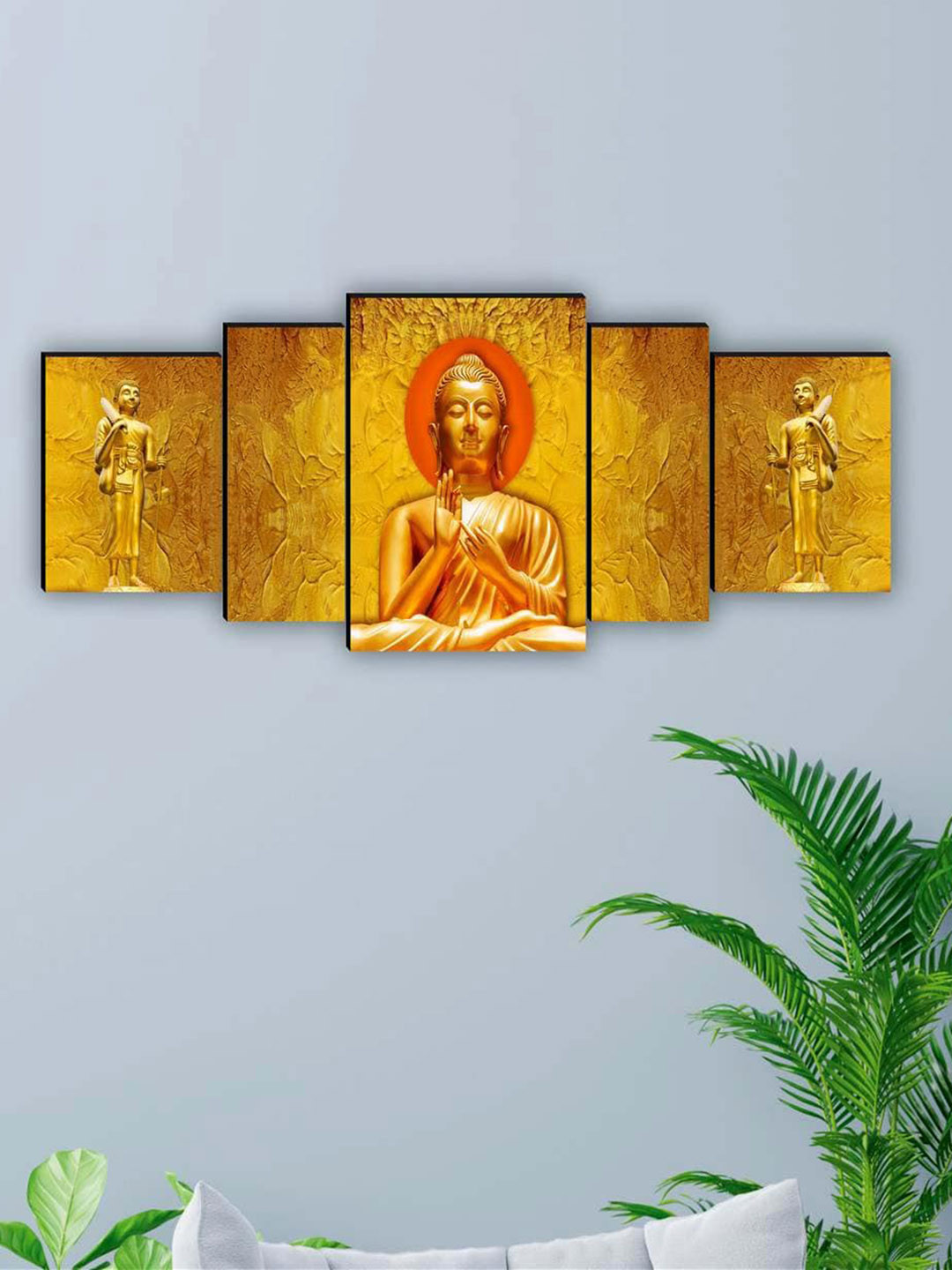 SAF Yellow & Orange Coloured 5 Pieces Lord Buddha Framed Wall Art Painting