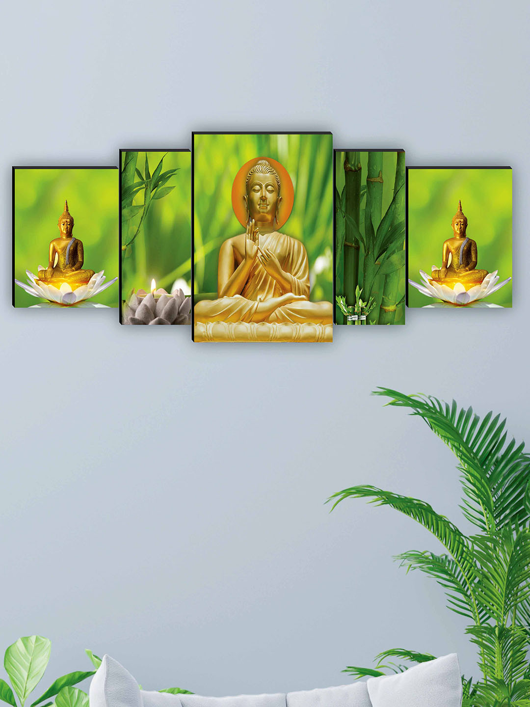SAF Green & Yellow 5 Pieces Lord Buddha Framed Wall Art Painting