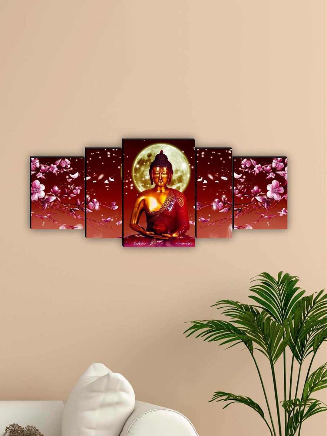 SAF Brown & Pink 5 Pieces Lord Buddha Waterproof Framed Wall Art