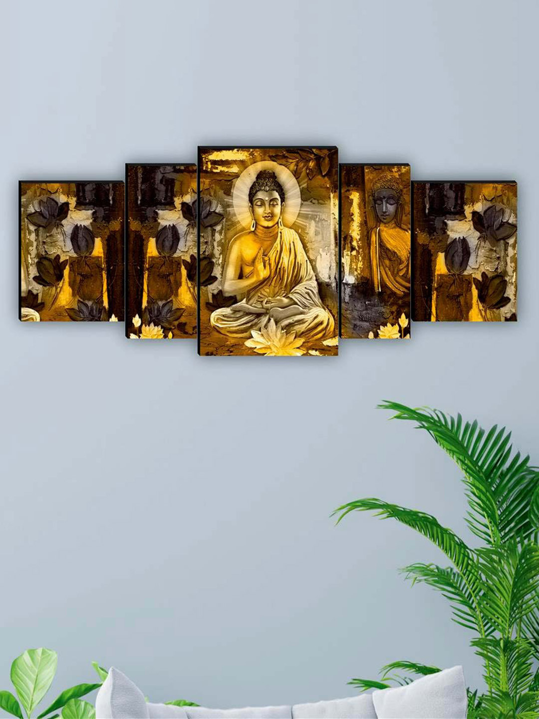 SAF Brown & Yellow 5 Pieces Lord Buddha Waterproof Framed Wall Art