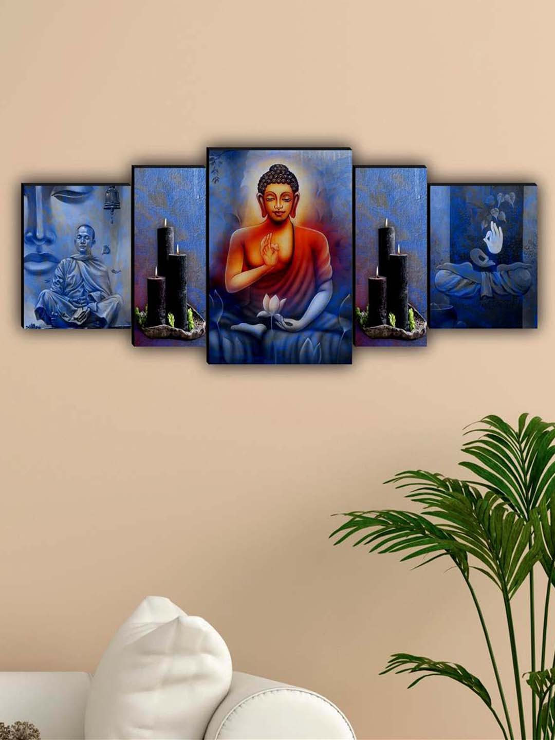 SAF Lord Buddha Printed Paper 5 Piece Wall Portrait Paintings Wall Art-41.7 x 17.7In