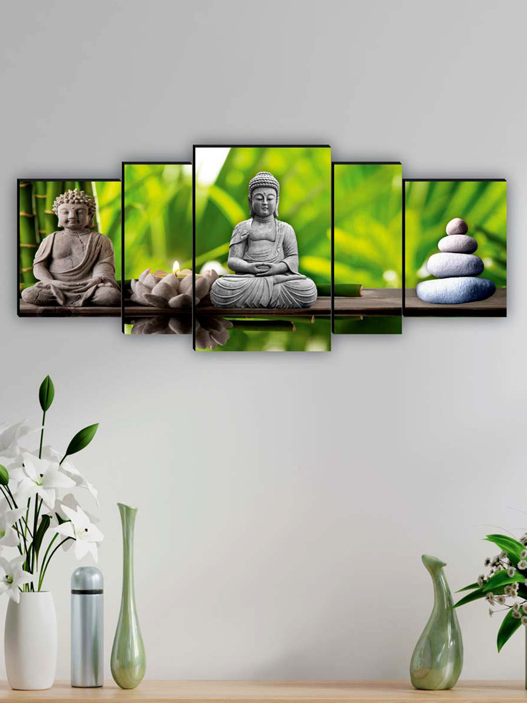 SAF Green & Grey 5 Pieces Lord Buddha Waterproof Framed Wall Art
