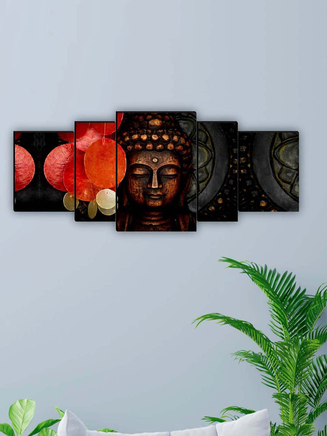 SAF Black & Red 5 Pieces Lord Buddha Painting Wall Art