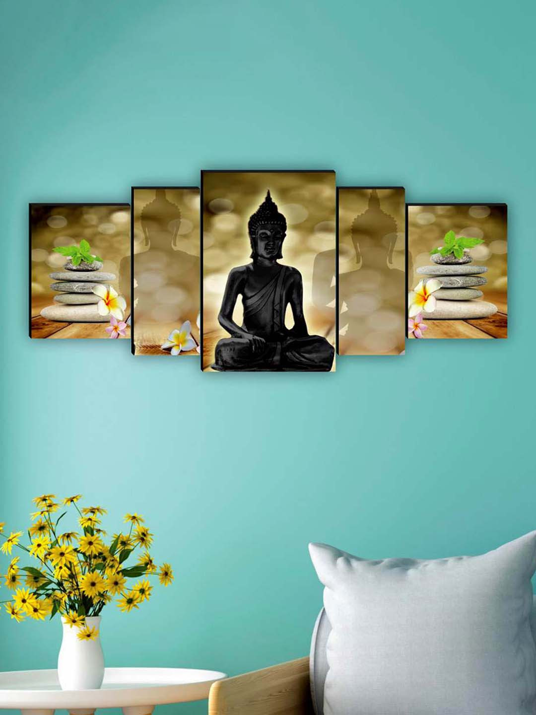SAF Beige-Coloured & Black 5 Pieces Lord Buddha Waterproof Framed Wall Art