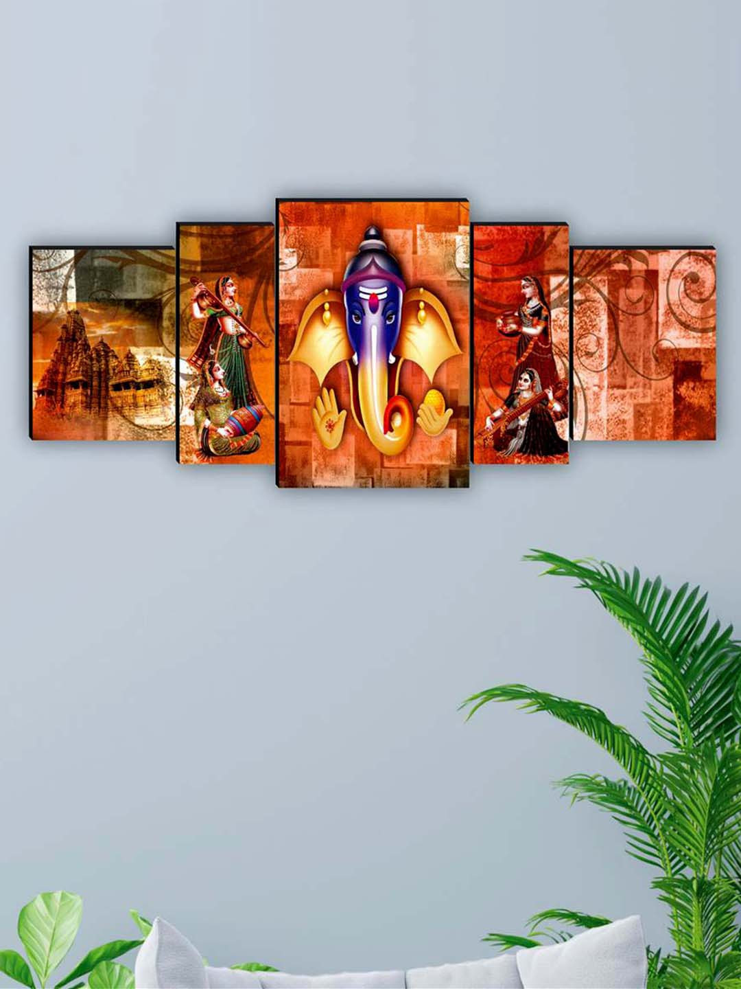 SAF Red & Green 5 Pieces Lord Ganesha Digital UV Coating Wall Art Paintings