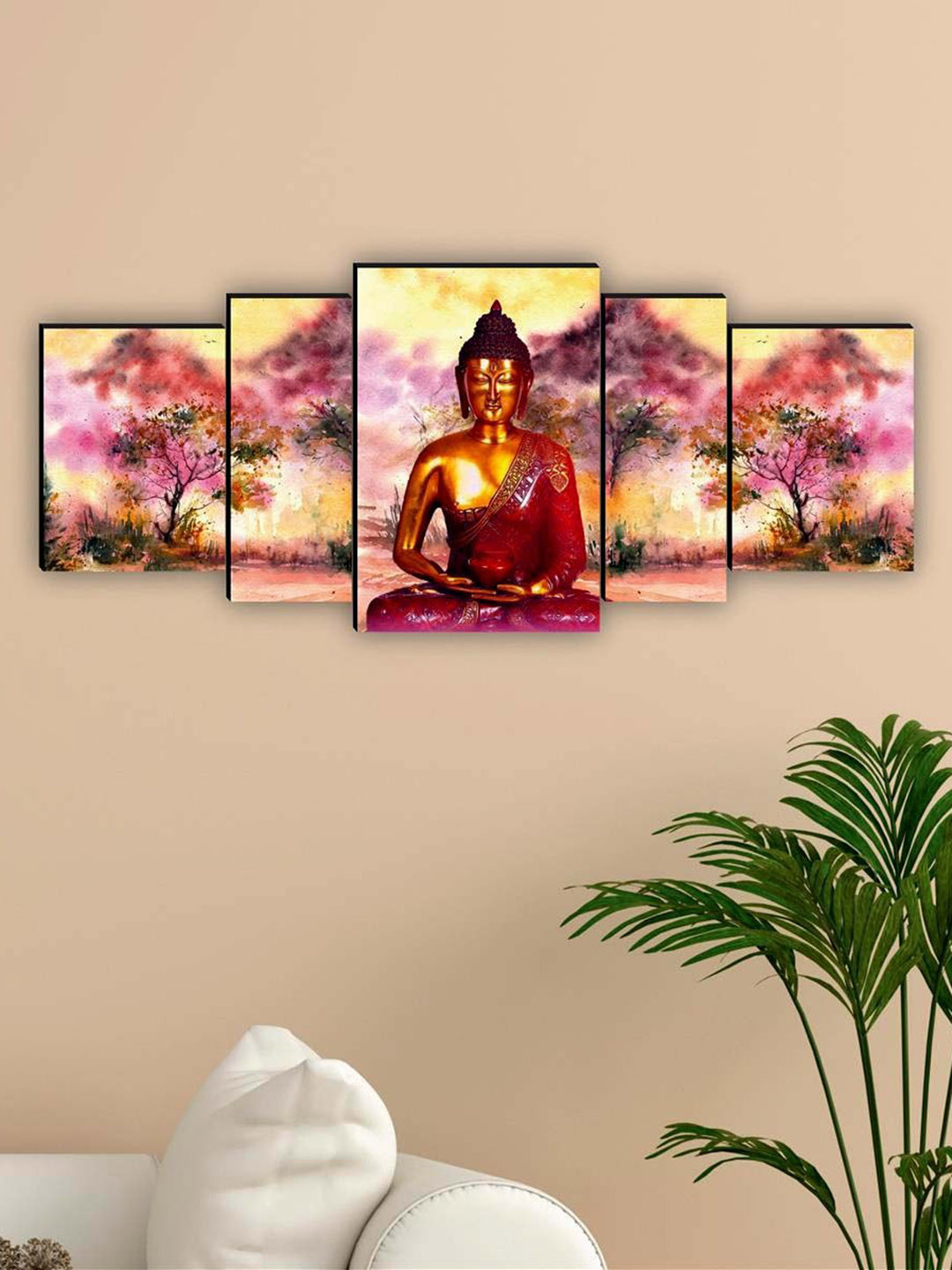 SAF Pink & Yellow 5 Pieces Lord Buddha Printed UV Coating Finish Framed Wall Arts