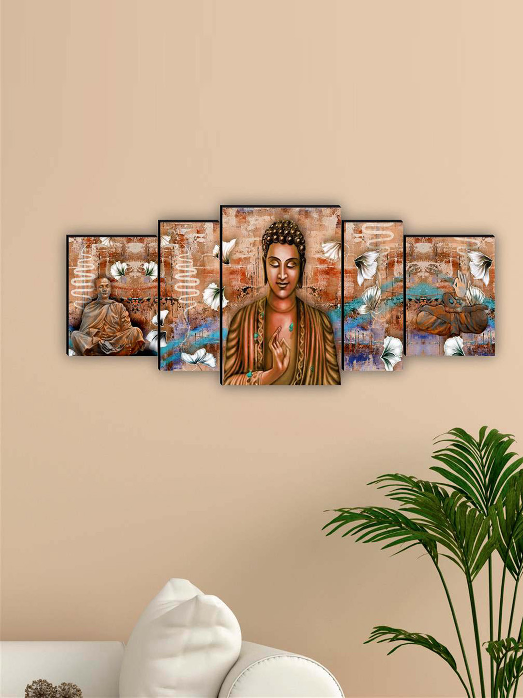 SAF Brown & Blue 5 Pieces Lord Buddha Printed UV Coating Finish Framed Wall Arts