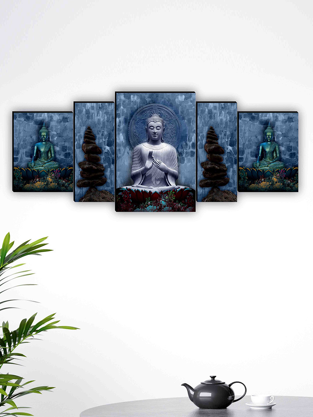 SAF Blue & Grey 5 Pieces Lord Buddha Framed Wall Art Painting