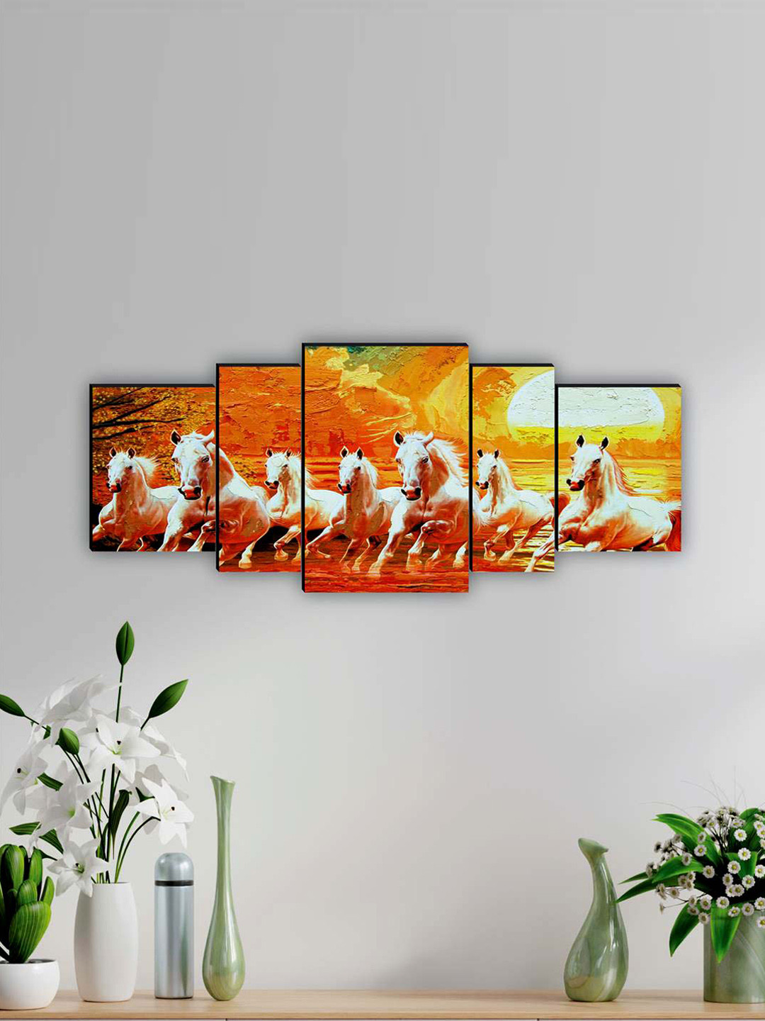 SAF Orange & White 5 Pieces Seven Running Horse Printed UV Coating Finish Framed Wall Arts