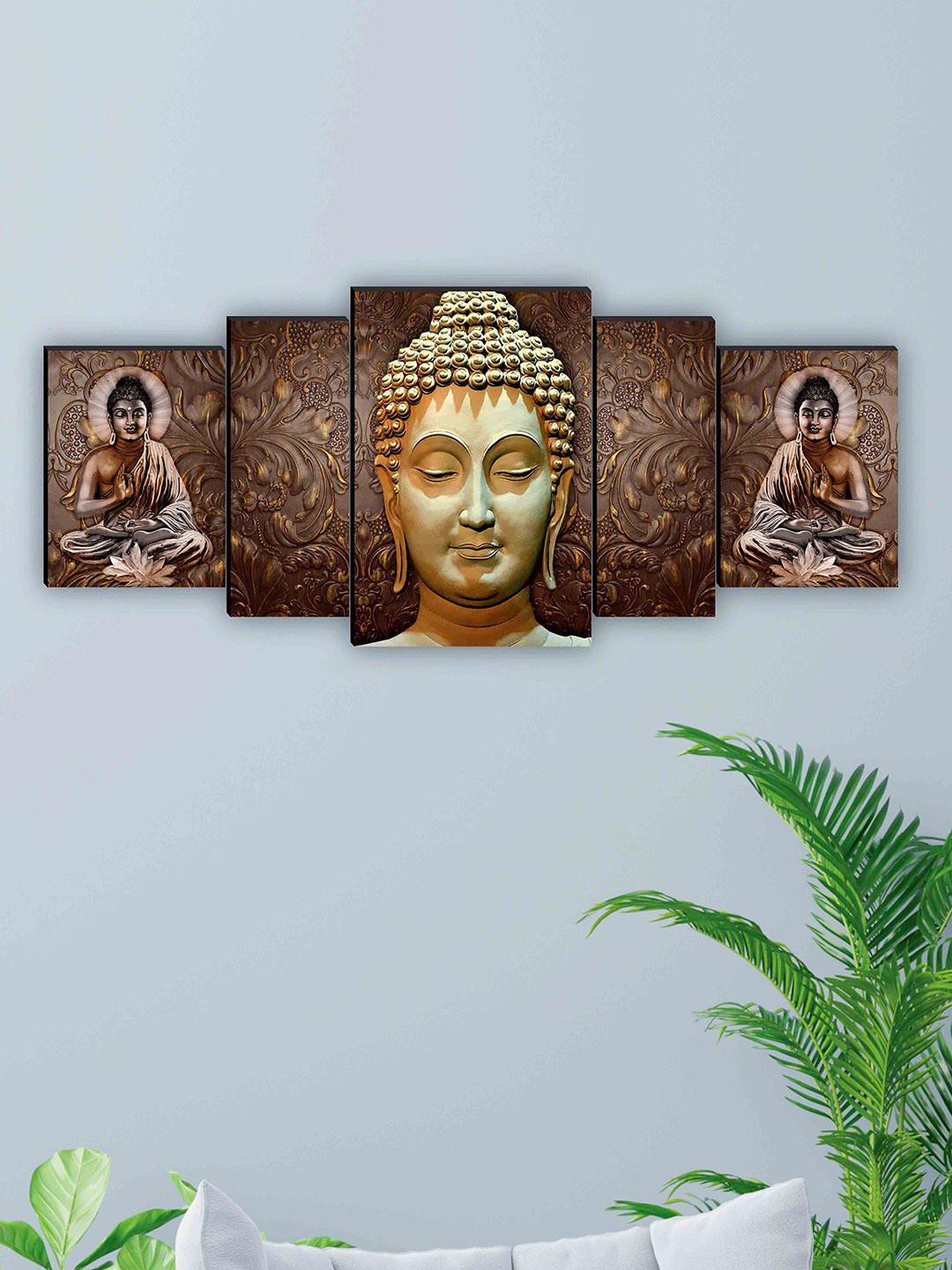 SAF Brown & Gold-Toned 5 Pcs Lord Buddha Framed Wall Art Painting