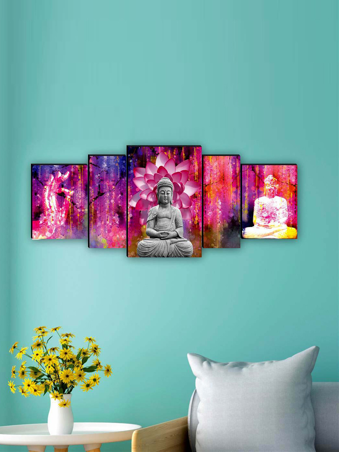 SAF Pink & Grey 5 Pieces Lord Buddha Printed UV Coating Finish Framed Wall Arts