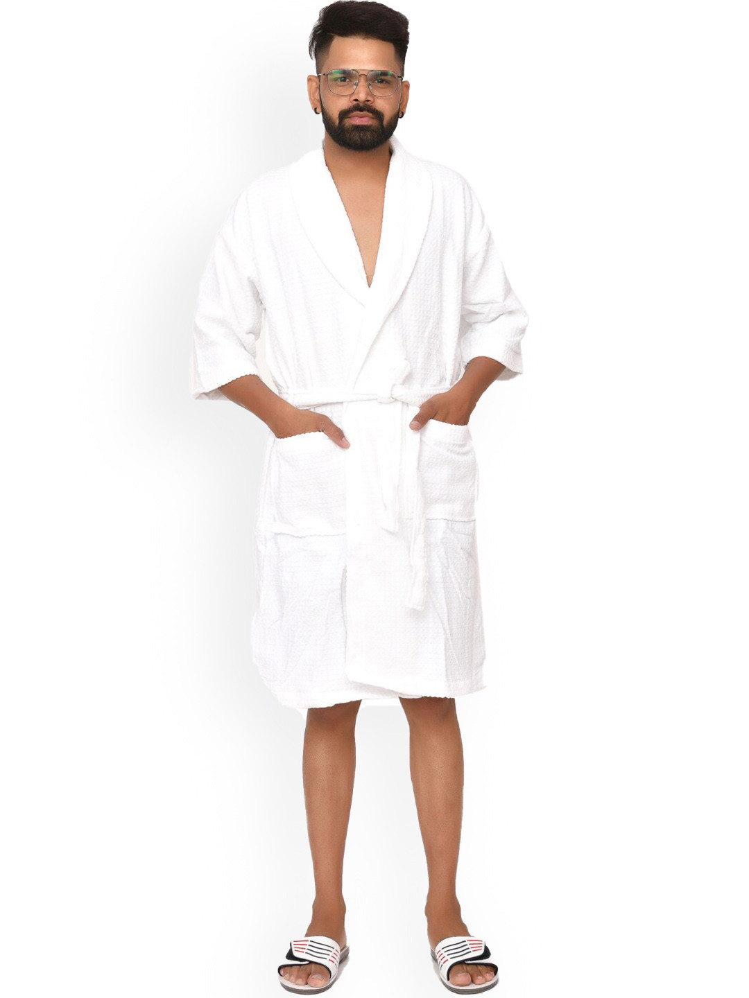 Home Fresh White Self Design Cotton Drawstring Knee Length Bath Robe-M/L