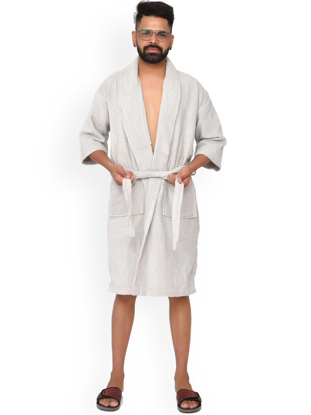 Home Fresh White Self Design Cotton Drawstring Knee Length Bath Robe-M/L