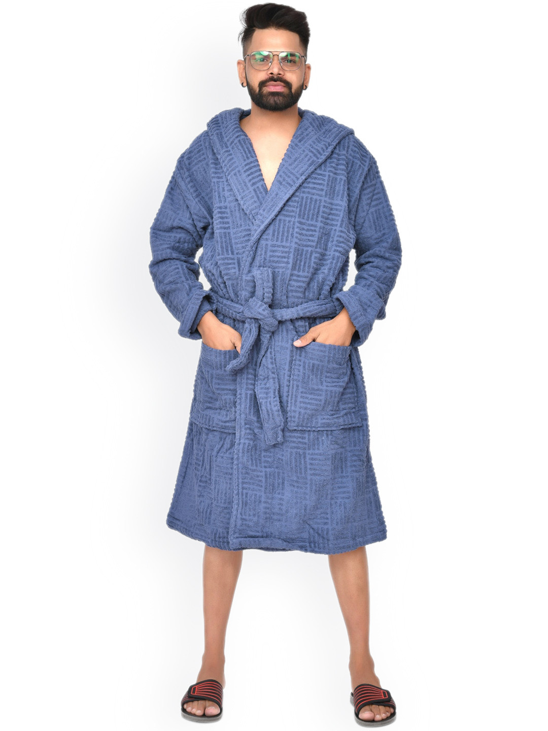 Home Fresh Blue Self Design Cotton Drawstring Knee Length Bath Robe-M/L