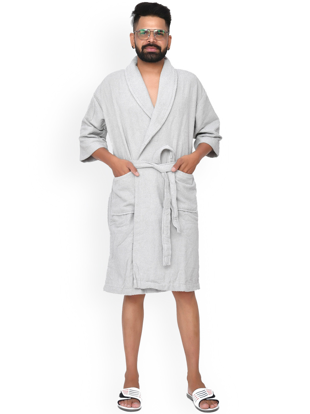 Home Fresh Grey Self Design Cotton Drawstring Knee Length Bath Robe-M/L
