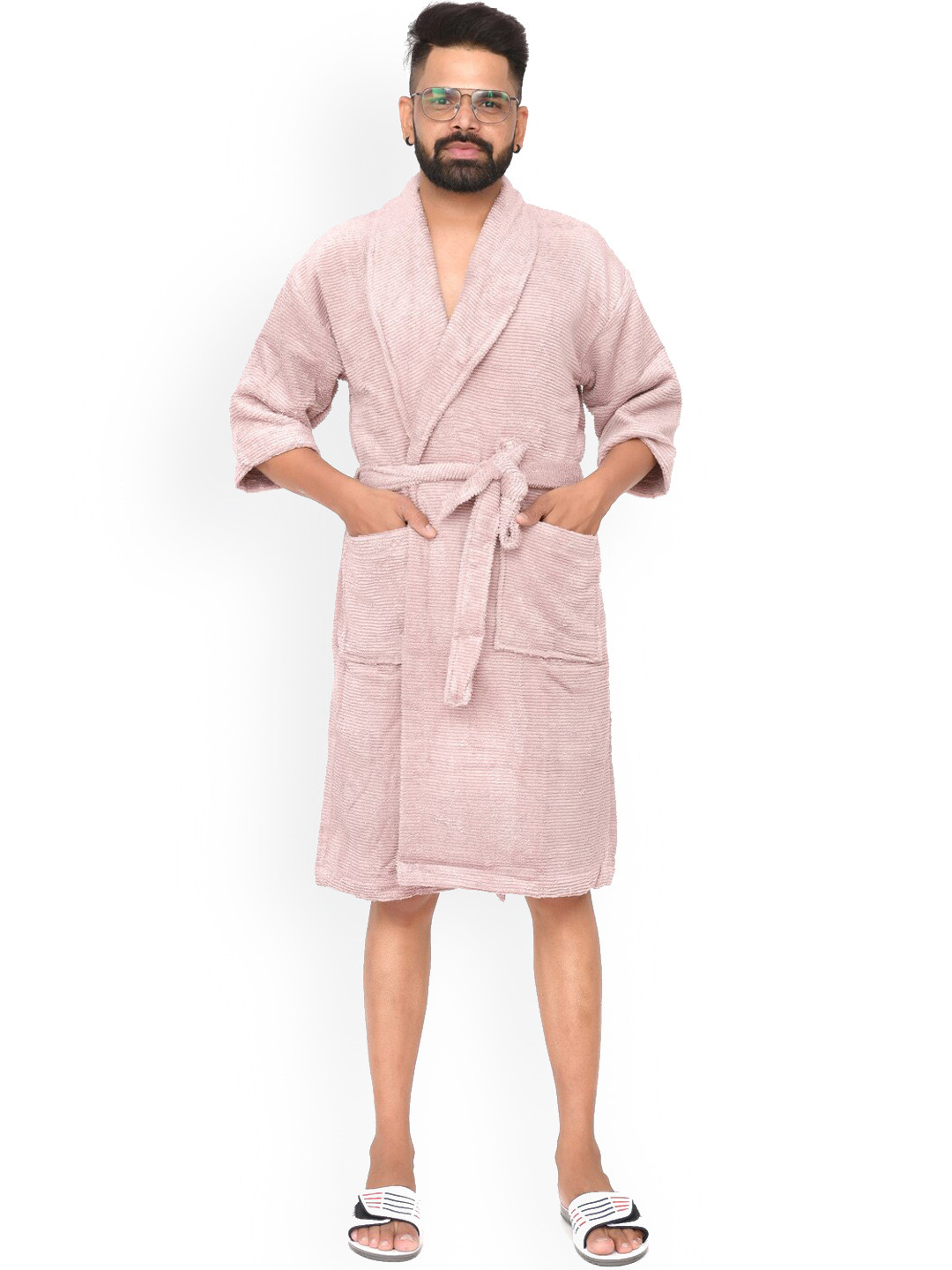 Home Fresh Pink Self Design Cotton Drawstring Knee Length Bath Robe-M/L