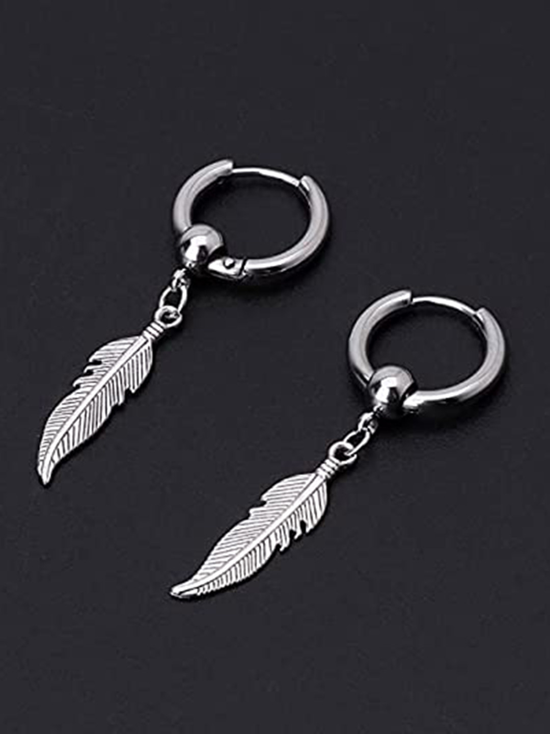 VIEN Silver Plated Feather Shaped Hoop Stainless Steel Earrings