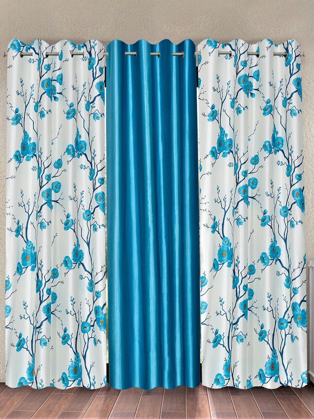 Fashion String White & Blue 3 Pieces Floral Printed Window Curtains