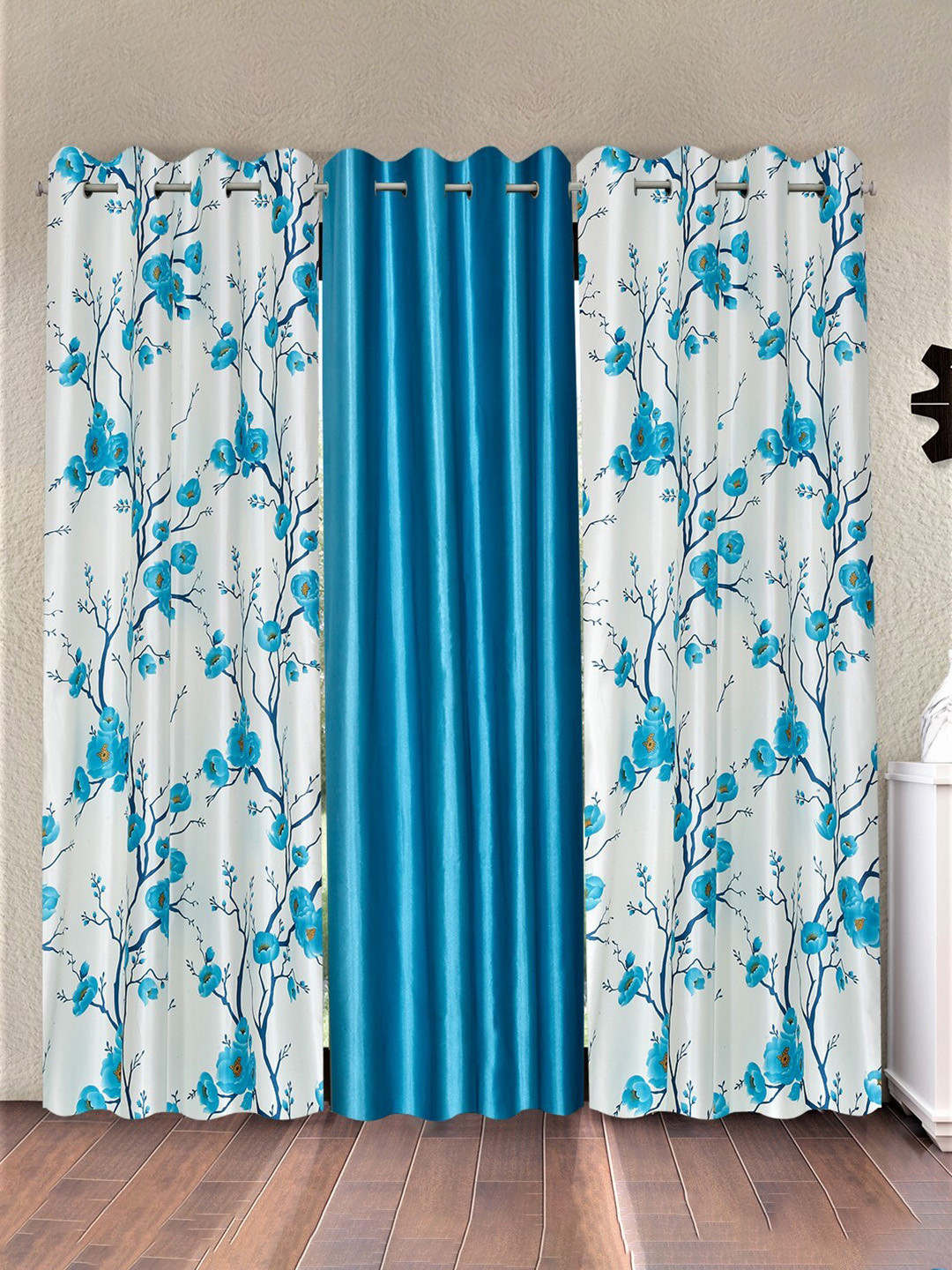 Fashion String White & Blue 3 Pieces Floral Printed Long Door Curtains