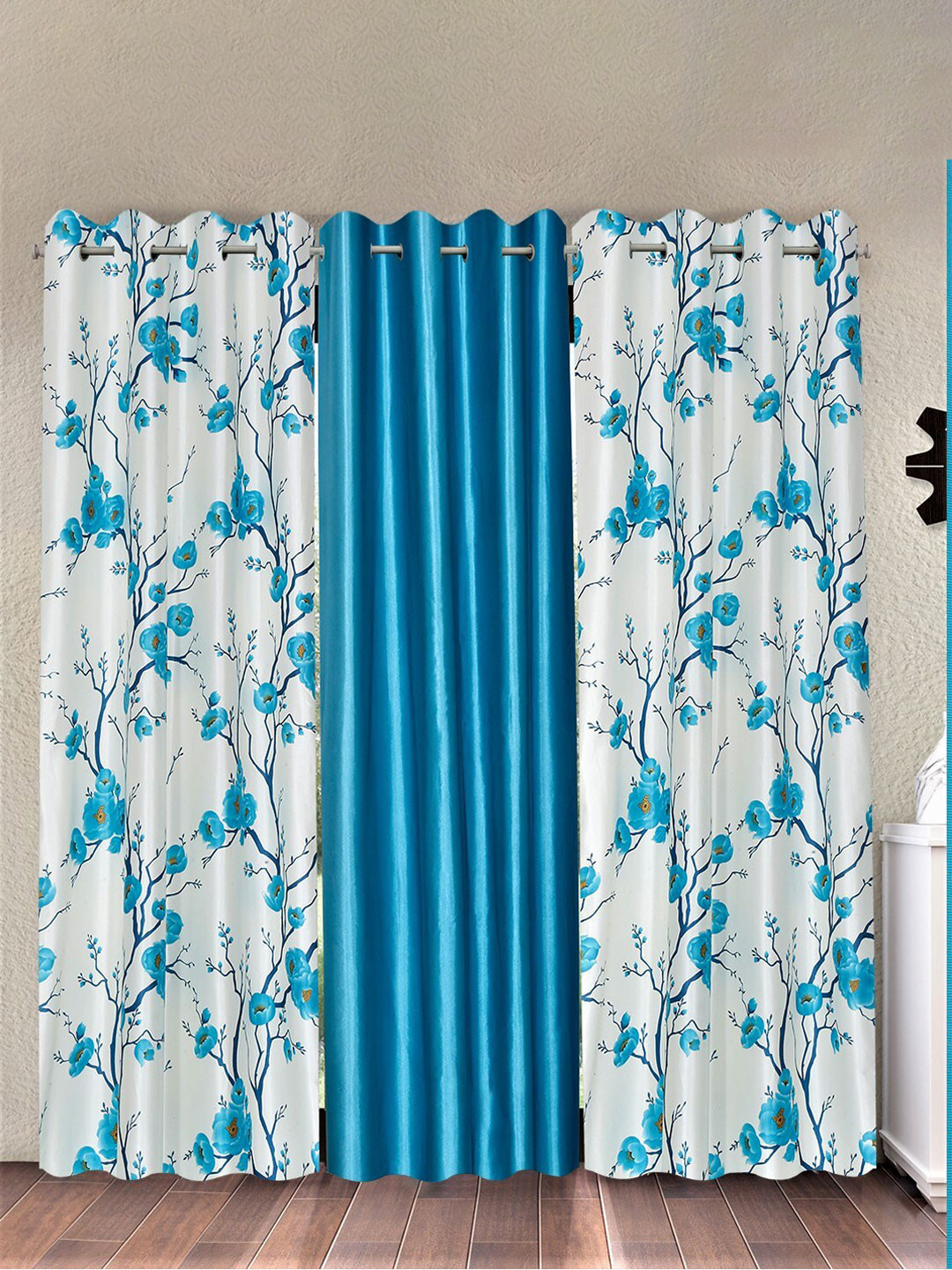 Fashion String White & Blue 3 Pieces Floral Printed Door Curtains