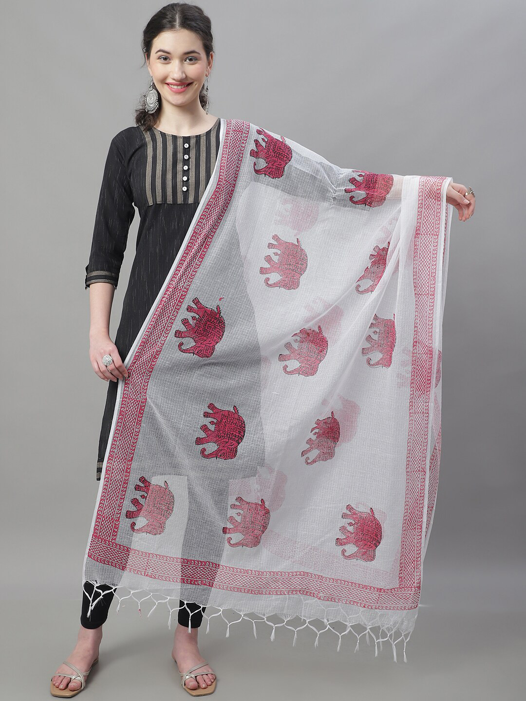LOOM LEGACY Ethnic Motifs Printed Dupatta With Tasselled Border