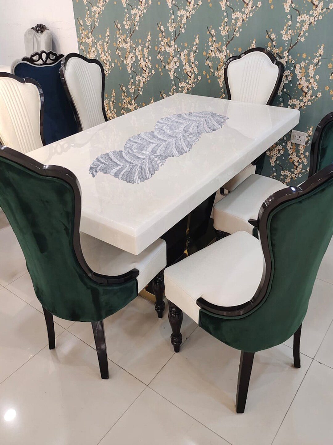 FABINALIV Silver Toned Floral Textured PVC Table Runner