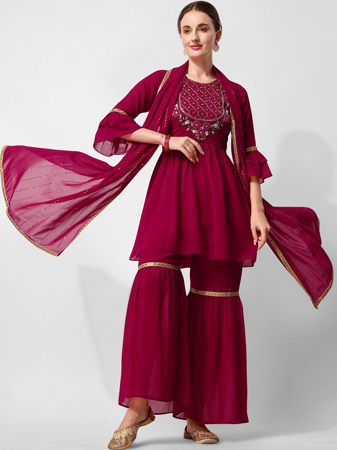Berrylicious Embroidered Bell Sleeves Sequined Mirror Work Kurta with Sharara & Dupatta