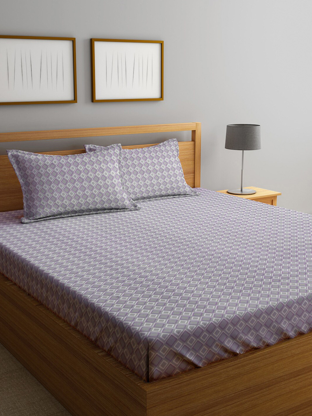 KLOTTHE Lattice Purple Geometric Cotton 300 TC Fitted King Fine Bedsheet with 2 Pillow Covers-250 x 220 cm