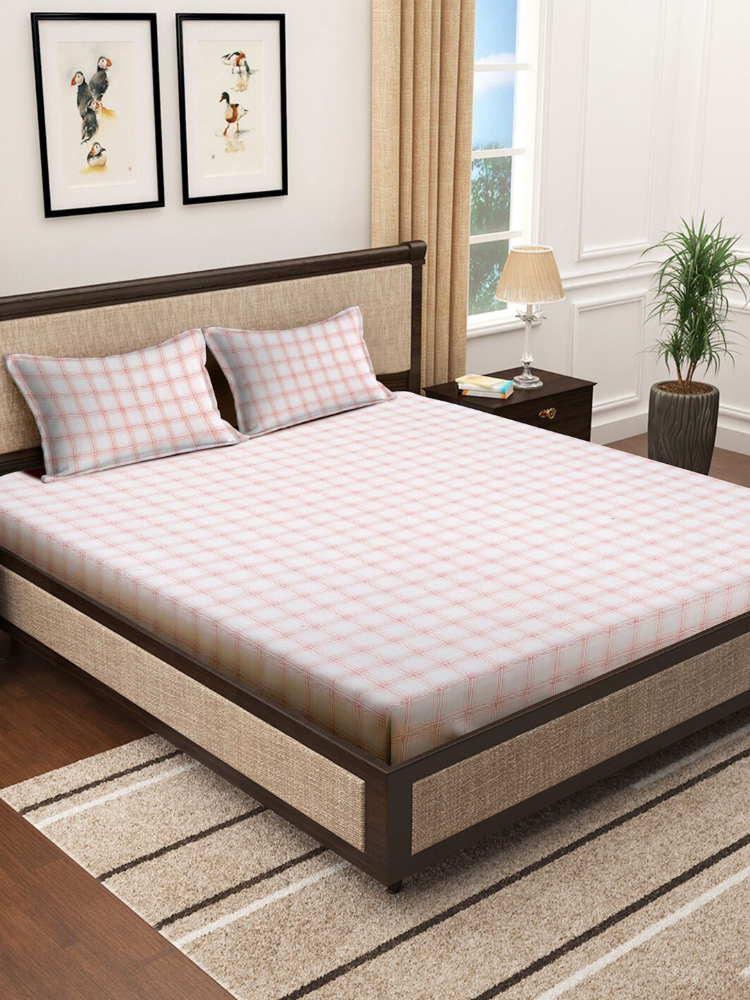 KLOTTHE Book Fold White Checked Polycotton 300 TC Fitted King Fine Bedsheet with 2 Pillow Covers-98 x 87 inches