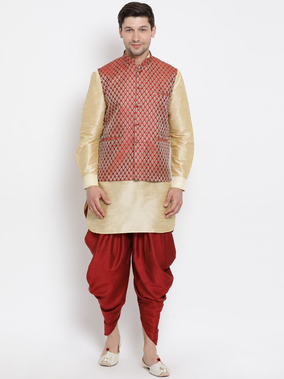 VASTRAMAY Mandarin Collar Regular Kurta with Dhoti Pants & Woven Design Nehru Jacket