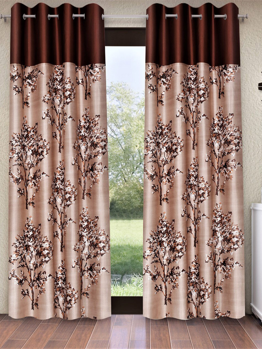 Fashion String Brown & White 2 Pieces Floral Printed Long Door Curtains