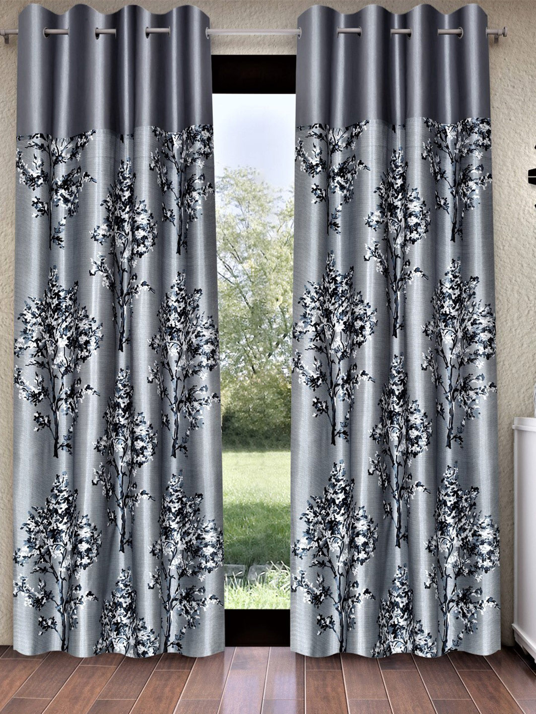 Fashion String Grey & Black 2 Pieces Floral Printed Door Curtains