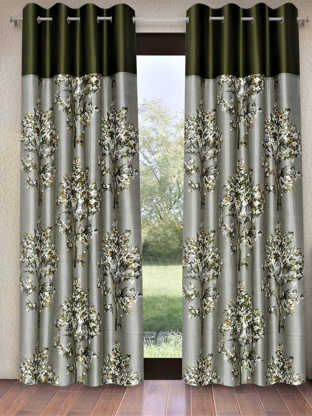 Fashion String Green & Grey 2 Pieces Floral Printed Long Door Curtains