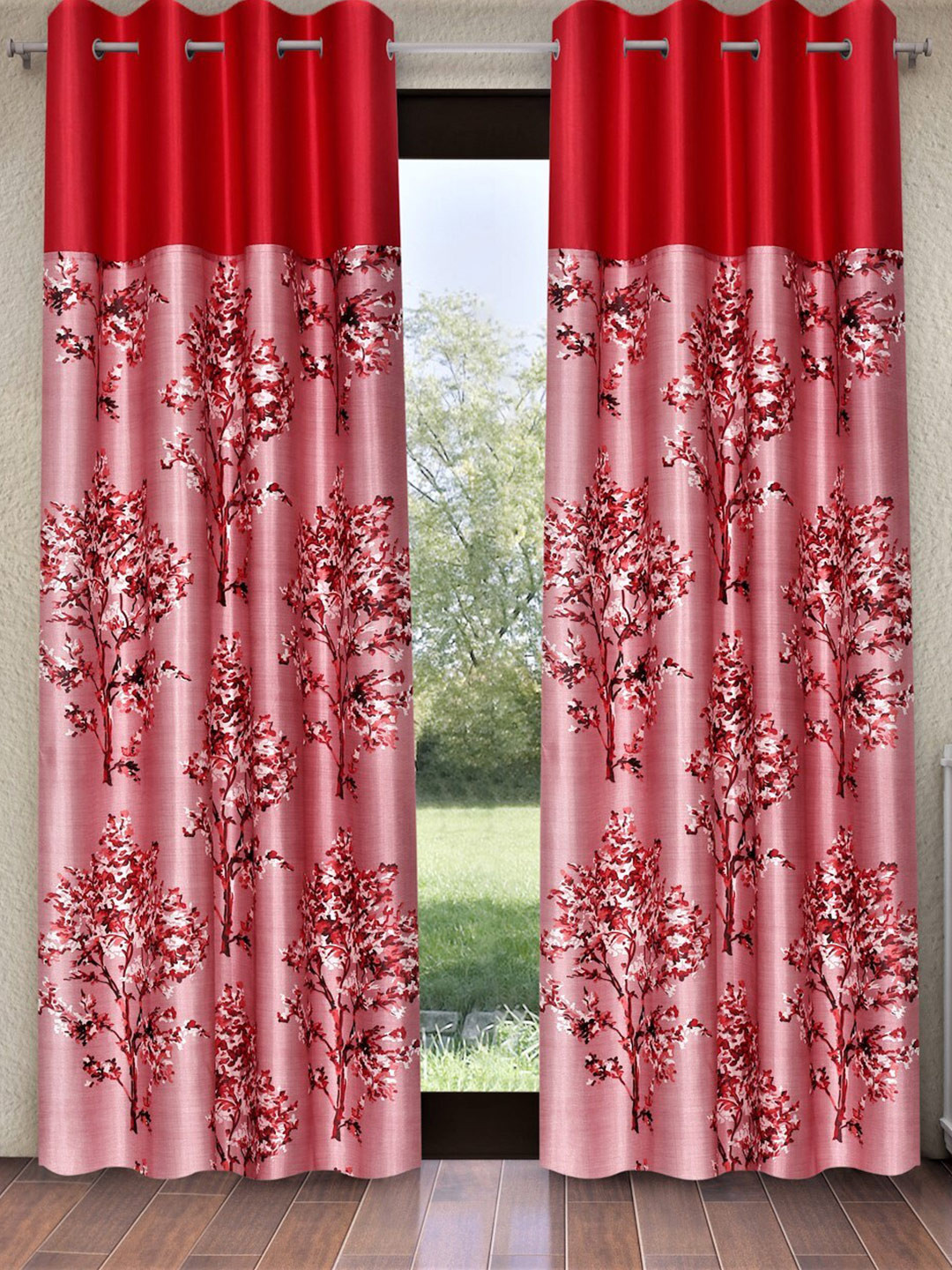 Fashion String Maroon & Pink 2 Pieces Floral Printed Long Door Curtains