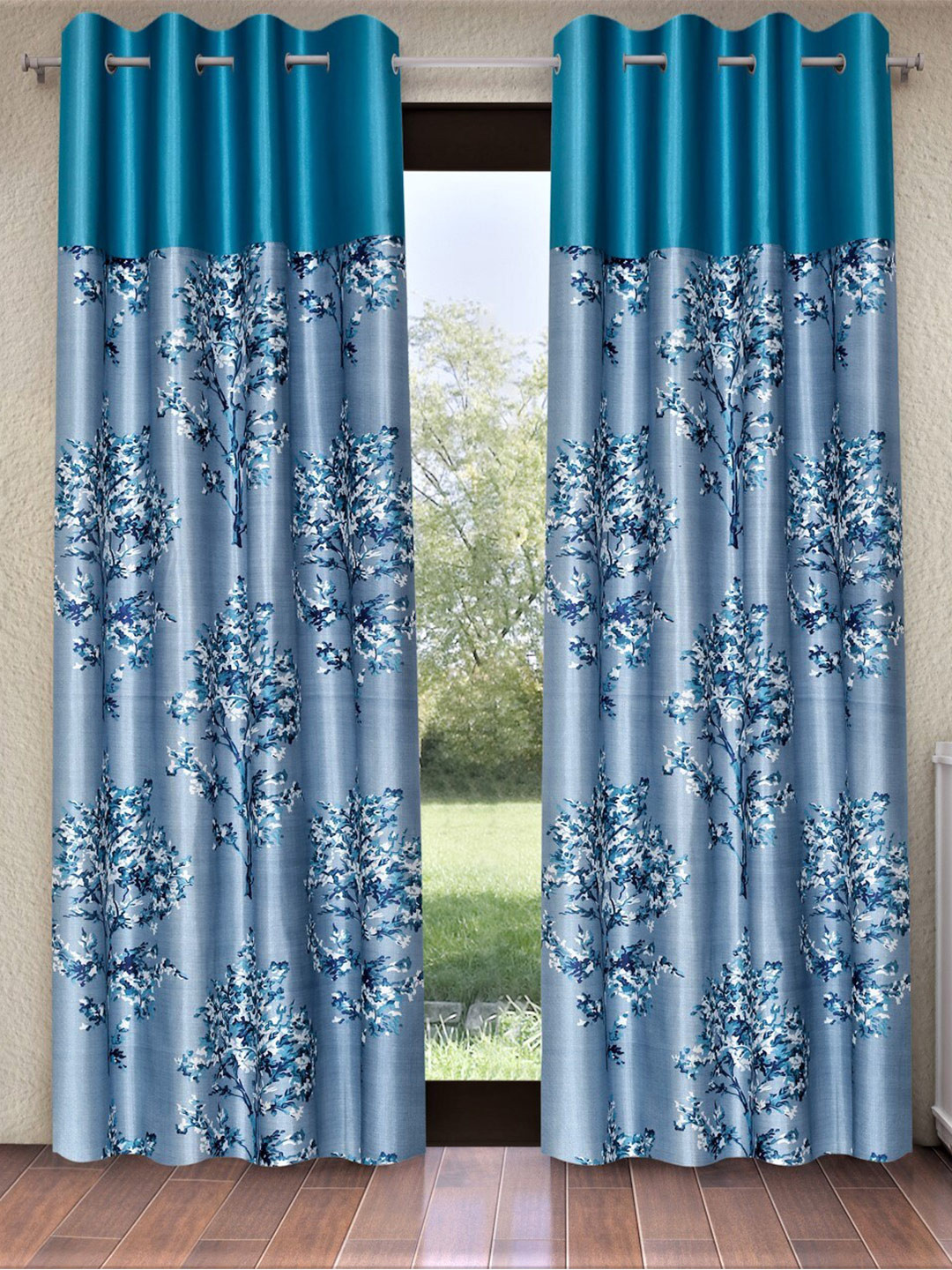 Fashion String Blue & White 2 Pieces Floral Printed Door Curtains