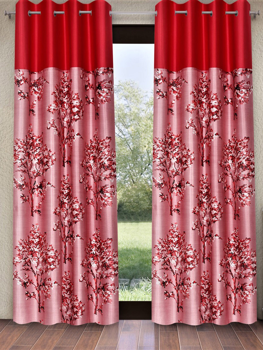 Fashion String Pink & Maroon 2 Pieces Floral Printed Window Curtains